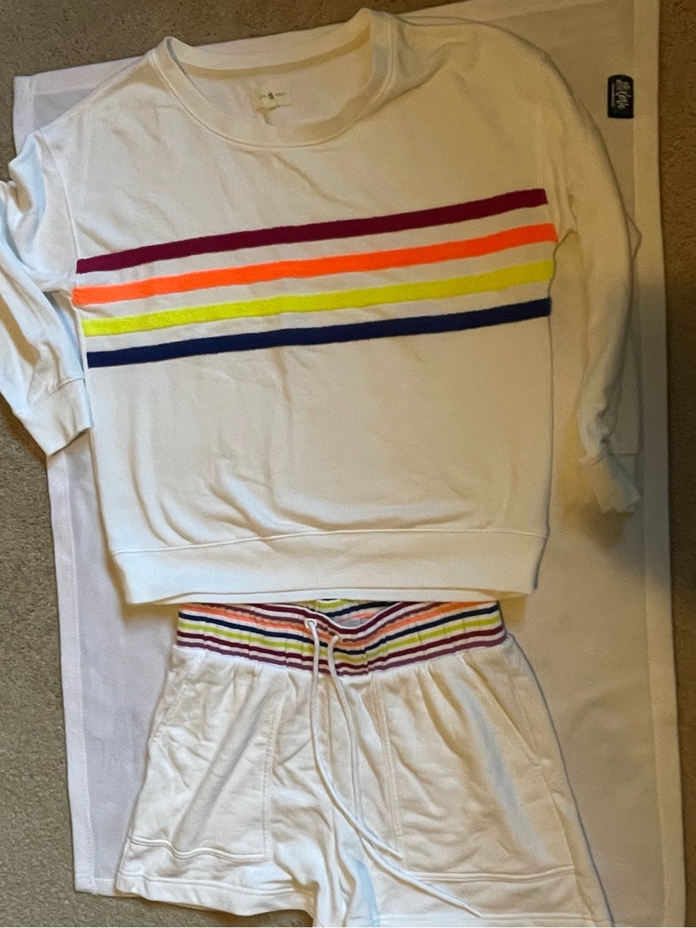 LOFT Matching Set White long sleeve and shorts with Multicolor Stripe Accents